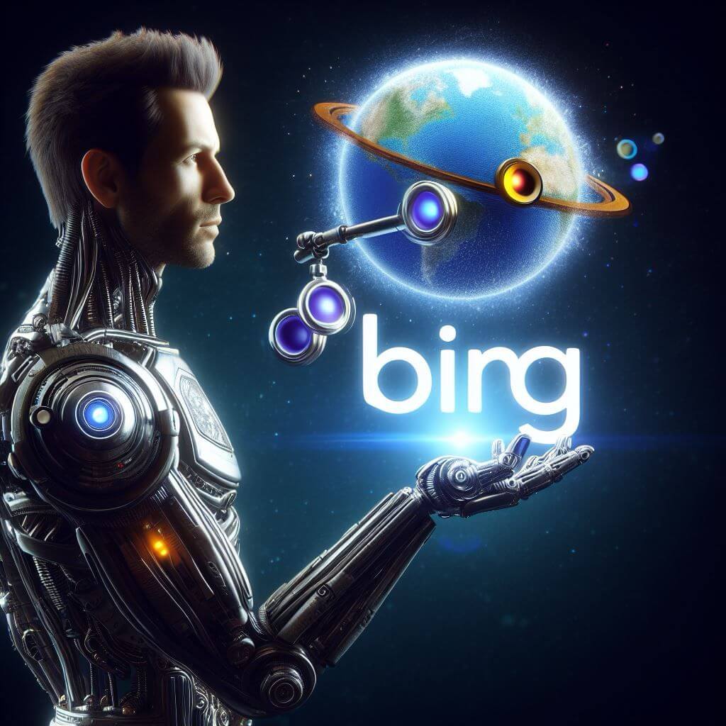 Um Homem Cyborg com o simbolo do Bing nas mãos. Como o Bing e o chat gpt4 estão revolucionando a internet e o mercado de tráfego